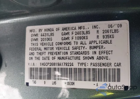 2009 Honda Accord 2.4 Ex-L z USA, uszkodzony, nr VIN 1HGCP26819A179224
